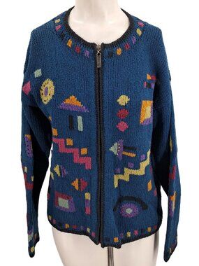 Planet Earth Abstract Knit Cardigan Sweater Size M Cotton Hand Loomed Peru Blue